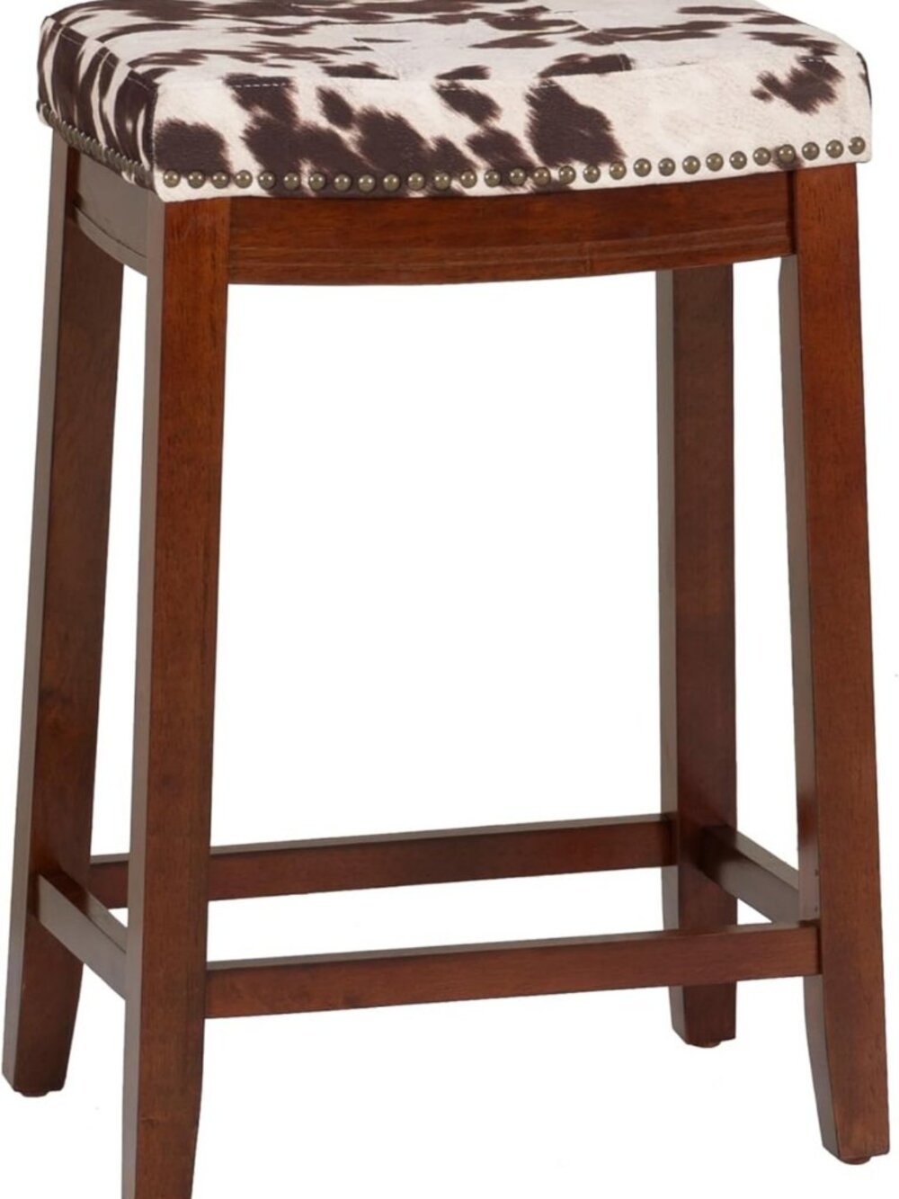 Stylish 24" Wooden Counter Stool with Brown & Ivory Faux Cow Print Upholstery